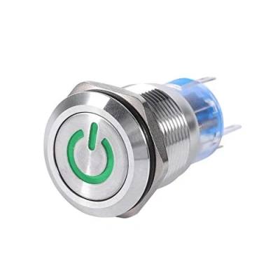 Afbeelding van Zelfsluitende knop Keenso 19mm 12V LED Waterdichte RVS vergrendeling Drukknop Schakelaar 1NO1NC (Groen) Scrollend Rooster Mistlampen