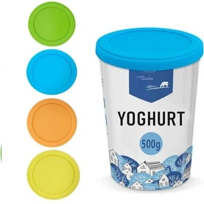Afbeelding van 4 stuks yoghurtdeksels, 500 g, herbruikbaar deksel voor yoghurtbekers, yoghurt, vers deksel, bekerdeksel, siliconen yoghurtbeker bijna alle bekers van 150 g
