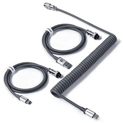 Afbeelding van MAMBASNAKE C04 Opgerolde USB C Kabel voor Mechanische Toetsenborden, Custom 2 In 1 Aviator Cable A to Type En C, Charging met 5 Pins Pilotenconnector Grijs