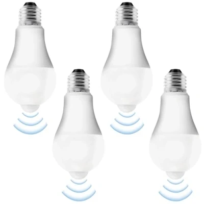 Afbeelding van 4 stuks E27 led gloeilamp met bewegingsmelder: ledlamp PIR bewegingsmelder, ledlamp, 12 W, koud wit, 6500 K, lichtsensor, spaarlamp, E27, voor hal, garage, trap, balkon