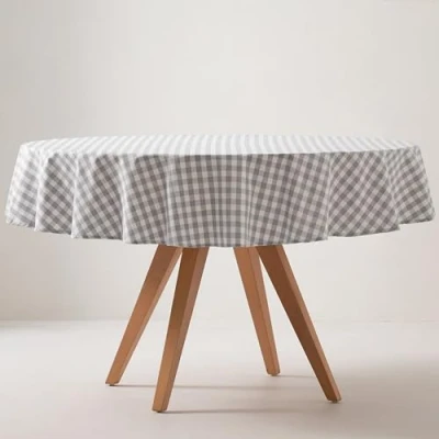 Afbeelding van GAMUSI Tafelkleed, vlekbestendig, rond, vichy patroon, katoen, voelt aan als stof, 160 x cm, lichtgrijs