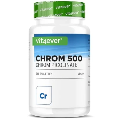 Afbeelding van Vit4ever chroom / Chromium uit chroompicolinaat Extra Hoge dosis 500 mcg per tablet 365 tabletten Geen ongewenste toevoegingen Veganistisch
