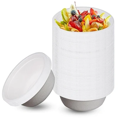 Afbeelding van 50 stuks soepkommen, 350 ml, kartonnen schalen, wegwerp, milieuvriendelijke wegwerpschalen, ronde soepkom, 100% biologisch afbreekbaar, suikerriet, borden, wegwerpkommen voor feesten,