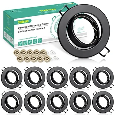 Afbeelding van Tailcas set van 10 inbouwspots GU10 inbouwframe mat zwart 230 V incl. fitting, led 68 mm gatdiameter, zwenkbaar rond inbouwlicht frame voor led/halogeenlampen