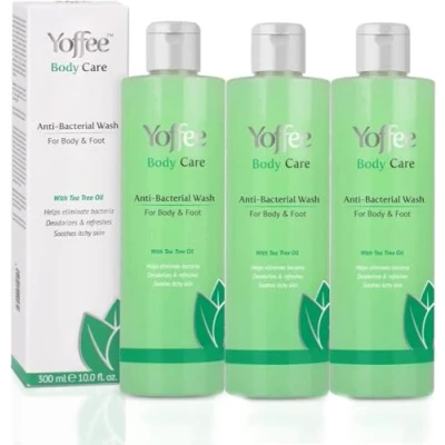 Afbeelding van Yoffee Anti Bacterial Wash Antibacteri毛le Douchegel 900 ml Tea Tree Kokosolie Verwijdert geuren Verlicht jeuk en huidirritaties Voor Lichaam Voeten Vegan Made in Spain