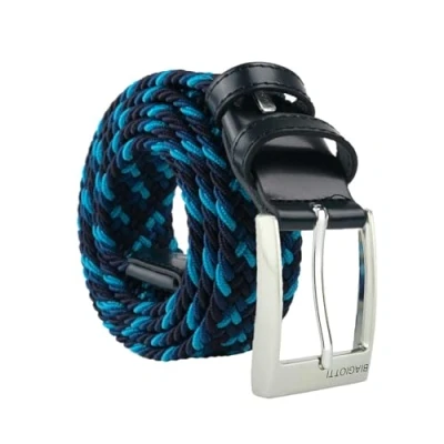 Afbeelding van Biagiotti Gevlochten elastische riem, man en vrouw, met echt lederen inzetstukken geschenkdoos (115 (taglia 50 52), Blauw)
