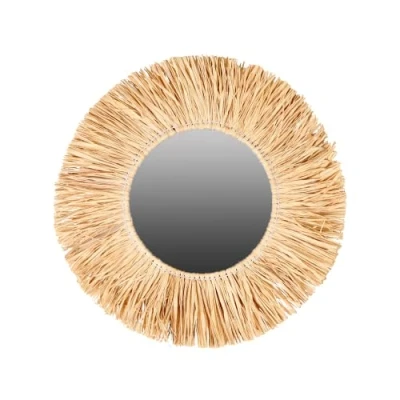 Afbeelding van Natural Living Wandspiegel Boho/ibiza stijl bloemdesign raffia lichtbruin rond 46 cm