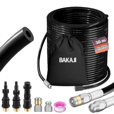 Afbeelding van BAKAJI Buisreinigingssonde, hogedrukreiniger, 200 bar, knikbeveiligingssysteem met hoes, 3 adapters, 2 vaste en roterende sproeiers, compatibel Kärcher k2 k7 Lavor hogedrukreiniger (30 meter