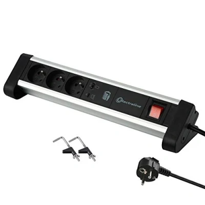Afbeelding van Electraline 35442 stekkerdoos met 3 stopcontacten 2 poorten 60 W (1 type C (Power Delivery) voor het opladen van computers + 1 USB 3.0 A (QuickCharge), houders bevestiging op kantoor, zwart