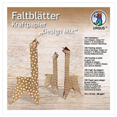 Afbeelding van Ursus 38055599F vouwbladen kraftpapier design mix, 100 vellen in 10 verschillende motieven, ca. 15 x cm, 80 g/m², eenzijdig bedrukt, voor het vouwen van raamafbeeldingen, sterren en figuren,