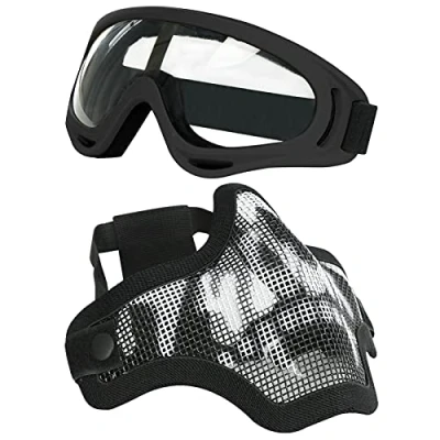 Afbeelding van AOUTACC Airsoft masker en bril, Half gezichtsmaker Staalgaas bril voor CS/Jacht/Paintball/Schieten (zwart schedelmasker)