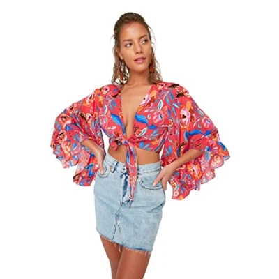 Afbeelding van Trendyol Fuchsia Crop Geweven Flounce Strand Blouse Tbess19Bb0095