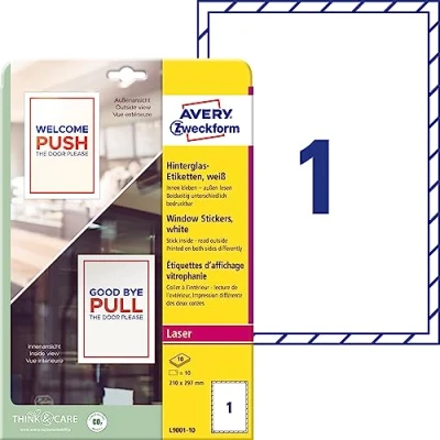 Afbeelding van Avery Italia Stickers voor ramen en transparante oppervlakken op A4 vel, 210 x 297 mm, papier met lamineerfolie, 1 sticker per 10 vellen verpakking, dubbelzijdige laserprint