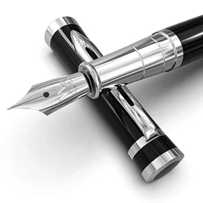 Afbeelding van Wordsworth &amp; Black Vulpennen set, Medium penpunt, inclusief 6 inktpatronen en inktvulomvormer, Geschenkdoos, Kalligrafie, soepele schrijfpennen [Zwart Chroom], Perfect voor Mannen Vrouwen