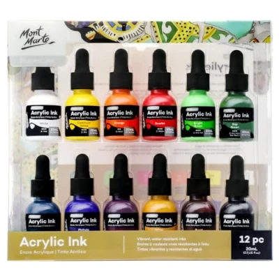 Afbeelding van Mont Marte Acryl Inkt Premium 12st x 20ml (0,7 US fl.oz), voor Kunstenaars, Essentiële kleuren, Ideaal Luchtborstel, Gieten Kunst, Scrapbooking, Tekenen, Mixed Media