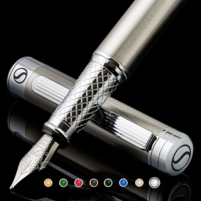 Afbeelding van Scriveiner Stainless Steel Fountain Pen Stunning Luxury with Finish, Schmidt Nib (Fine), Best Gift Set for Men &amp; Women, Professional, Executive Office, Nice Designer Pens