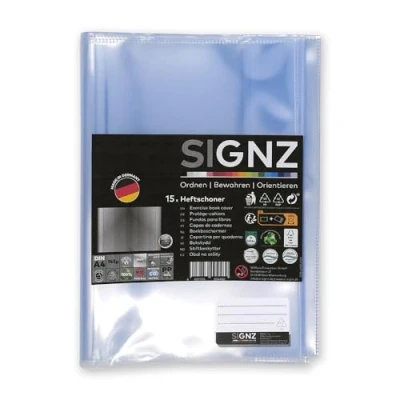 Afbeelding van SIGNZ Boekjesbeschermers DIN A4, 15 stuks, transparant, sterk 140my (0,14 mm), glashelder, CO2 neutraal gemaakt, made in Germany