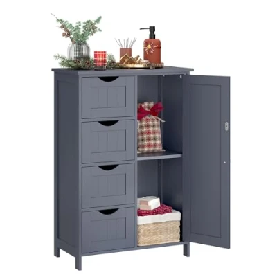 Afbeelding van VASAGLE badkamerkast, smalle bijzetkast, commode, met 4 laden, kastdeur, verstelbare plank, voor woonkamer, keuken, hal, diep, vrijstaand, grijs, LHC41GY