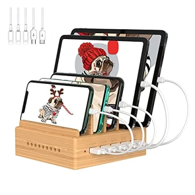 Afbeelding van OthoKing laadstation voor mobiele telefoon, USB oplader, meervoudig meerdere apparaten, smartphone telefoons, van bamboe, met 5 kabels