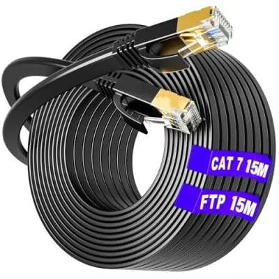 Afbeelding van LAN kabel 15 meter Cat 7, netwerkkabel m high speed ethernetkabel voor binnen en buiten, S/FTP anti interferentie patchkabel waterdicht (15 clips) 7 platte ruwe met RJ45 stekker
