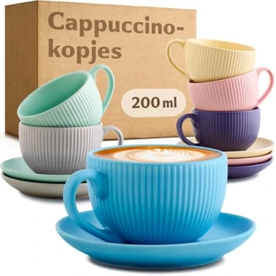 Afbeelding van Cosumy Cappuccinokopjes met handvat 200ml Set van 6 schotels Uniek gestreept patroon Mat keramiek Vaatwasmachinebestendig Kleurrijk