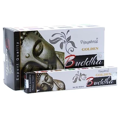 Afbeelding van Vijayshree Golden Nag Boeddha 12 verpakkingen à 15 g = 180 aromatherapie meditatie spiritualiteit 100% natuurlijk milieuvriendelijk