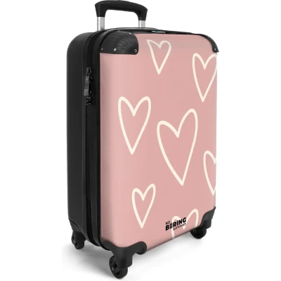 Afbeelding van NoBoringSuitcases.com® Handbagage koffer lichtgewicht Reiskoffer trolley Roze met witte hartjes Rolkoffer wieltjes Past binnen 55x40x20 en 55x35x25