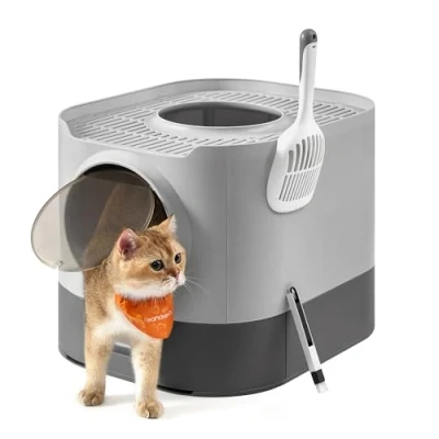 Afbeelding van Feandrea Kattenbak XXL met deksel, uitschuifbare lade, schep, borstel, ruim voor grote katten, minder sporen, lekvrije bodem, duifgrijs leigrijs PPT002B01