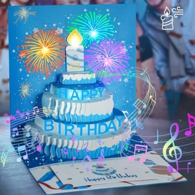 Afbeelding van LUZOON Verjaardagskaarten, 3D pop up wenskaart verjaardag met muziek en licht, verjaardagskaarten opblaasbare led kaars, Happy Birthday cadeaus voor mannen vrouwen