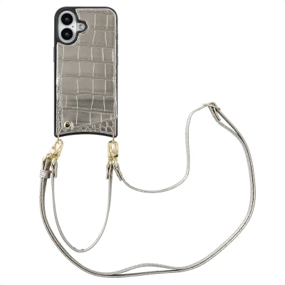 Afbeelding van Selencia Hoesje Geschikt voor iPhone 16 met Pasjeshouder Nova Croco Backcover koord en pashouder Zilver