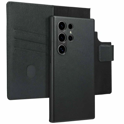 Afbeelding van Samsung Galaxy S24 Ultra MagSafe Hoesje Echt leder Accezz Bookcase/2 in 1 Case Zwart Telefoonhoesje