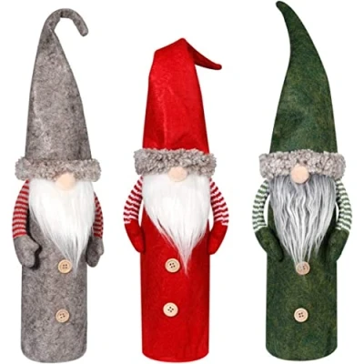 Afbeelding van KAHEIGN 3 stuks kerst wijnfles cover, kleuren handgemaakte Zweedse tomte kabouters toppers kerstman fles zakken met trekkoord voor kerstfeest decoraties (45 cm x 13 cm), Rood, count (Pack