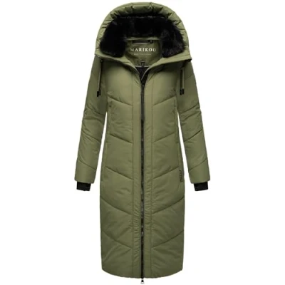 Afbeelding van MARIKOO Winterjas, Nadaree XVI, winterjas voor dames, warm, gewatteerd, lang, met capuchon en afneembare kraag van imitatiebont, maten XS XXL, OLIVE LEAF,