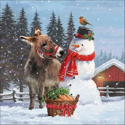 Afbeelding van 20 servetten Kerstmis ezel aan sneeuwpop als tafeldecoratie. Papieren met motief. Ook voor decoupage en servettechniek 33x33cm