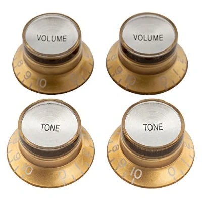 Afbeelding van Musiclily Pro Metrisch Gitaarknop Reflector Belmodel 2 Volume Toon Knoppenset voor Double Cut stijl Elektrische Gitaar, Goud met Zilver Top (4 Stuks)