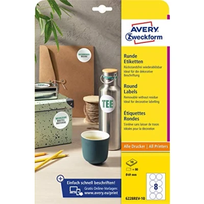 Afbeelding van AVERY Zweckform 6228REV 10 ronde etiketten (80 plakpunten, Ø69 mm op A4, stickers om te bedrukken, zonder resten verwijderbaar/verwijderbaar, zelfklevende jametiketten) vellen, wit