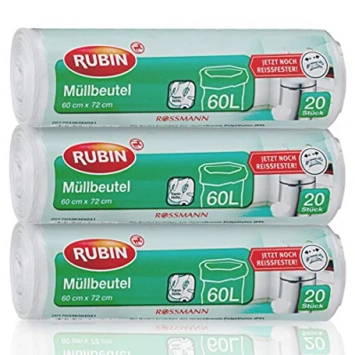 Afbeelding van RUBIN Vuilniszakken, 60 liter, bijzonder scheurvast, verpakking van 3 stuks, stuks (3 x 20 recyclebaar polyethyleen (PE)