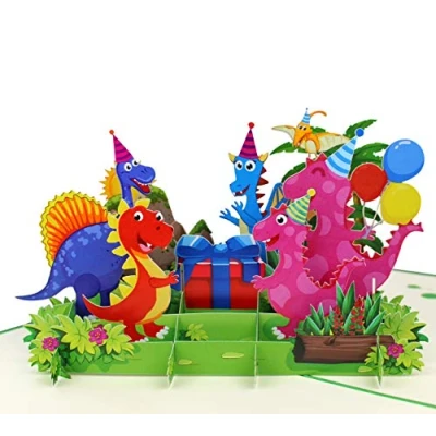 Afbeelding van MOKIO® Pop Up Verjaardagskaart Gelukkige Verjaardag Dinosaurussen met cadeau en ballonnen 3D wenskaart voor een verjaardag, geweldig geldgeschenken, handgemaakte cadeaukaart envelop