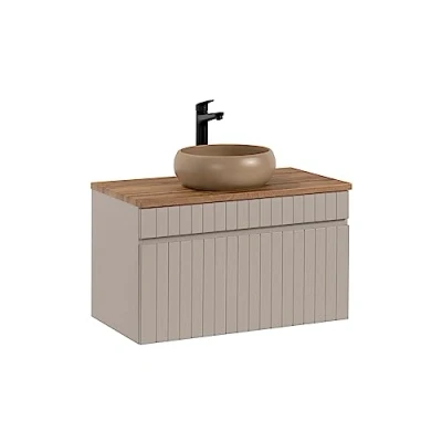 Afbeelding van Wastafelonderkast 80 cm Iconic Cashmere, hangende badkamerkast, badkamerkast met werkblad, geribbelde deuren, kasjmier (met eiken werkblad)