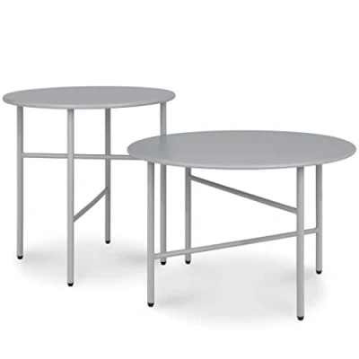 Afbeelding van bomoe Set van 2 Ronde Bijzettafel Metaal Grijs Krasbestendig Verschillende Hoogte &amp; Diameter Stabiele Woonkamer Salontafel Lichtgewicht Binnen Buiten Tuintafel Balkon Tafel Terras Finn