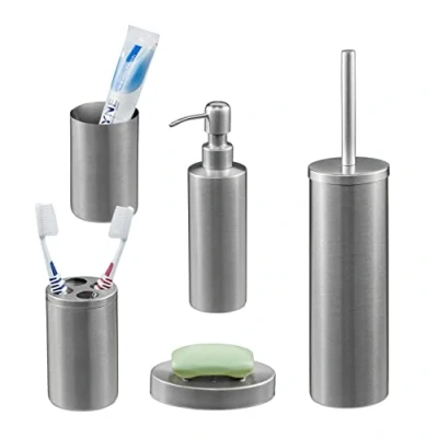 Afbeelding van Relaxdays badkamerset 5 delig badkameraccessoires modern geborsteld rvs zilver