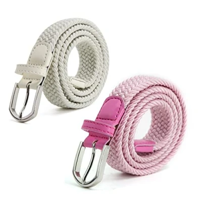 Afbeelding van AnJuHoPa Kinderriem, elastische riem stretch voor jongens meisjes, meerkleurige stoffen dames 2,5 cm breed 80 lengte met metalen gesp, roze en wit., 2PCS/Länge 80cm