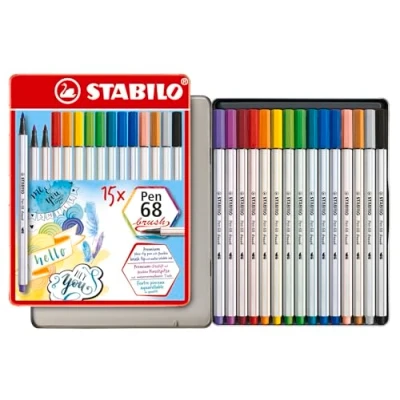 Afbeelding van STABILO Pen 68 brush, metalen doos van 15 stuks in geassorteerde kleur