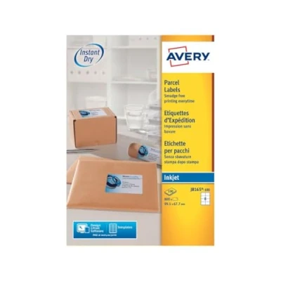 Afbeelding van Avery Zelfklevende pakketverzendlabels, inkjetprinters, 8 etiketten per A4 blad, 800 etiketten, QuickDRY (J8165), wit
