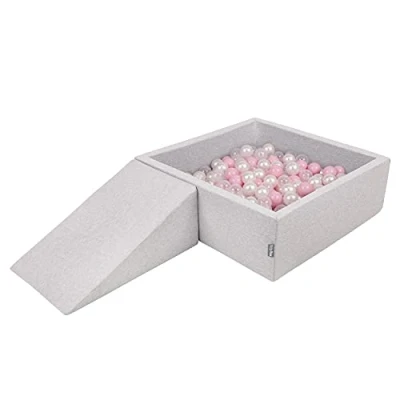 Afbeelding van KiddyMoon schuimspeelplaats met rond ballenbad (200 ballen) ballenbakken voor baby&#039;s speelbad hindernisbanen, made in the eu, lichtgrijs:poederroze/parelmoer/transparant
