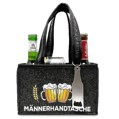 Afbeelding van Longfair Grappige herenhandtas met flesopener, draagtas van hoogwaardig vilt voor 6 bierflessen, bierhandtas heren, grijs, donkergrijs