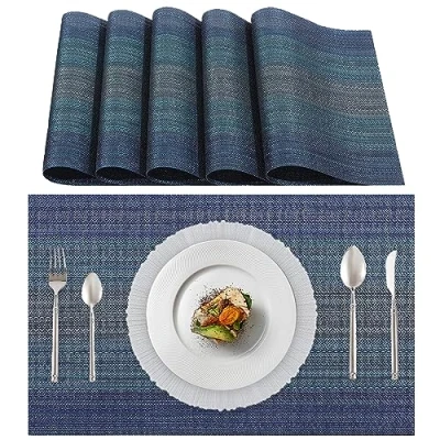 Afbeelding van Lumaca Set van 6 Wasbare Placemats, (70% PVC en 30% Polyester) Ontbijtplacemats, Makkelijk Schoon te Maken, Antislip, Hittebestendig, Ideaal voor de Keukentafel, Blauw