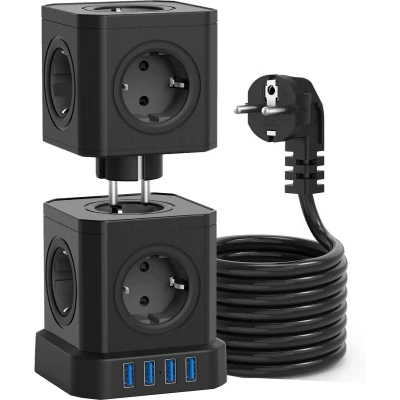 Afbeelding van Voomy Toren Cube Stekkerdoos 4 USB Poorten en Schakelaar Powercube 10 Stopcontacten Overspanningsbeveiliging Zwart