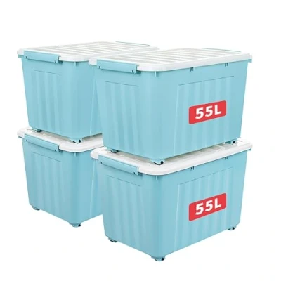Afbeelding van Cetomo 55L x 4 opbergdozen met wielen, plastic opbergdoos deksel, vergrendelende gespen, kliksluiting, stapelbaar, nesten, duurzame organizer voor thuiskantoorkleding, blauw, Pack