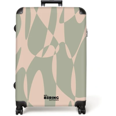 Afbeelding van NoBoringSuitcases.com® Koffer groot Reiskoffer lichtgewicht Beige met groene abstracte vormen Rolkoffer 4 wielen Grote trolley XL 98 liter bagage